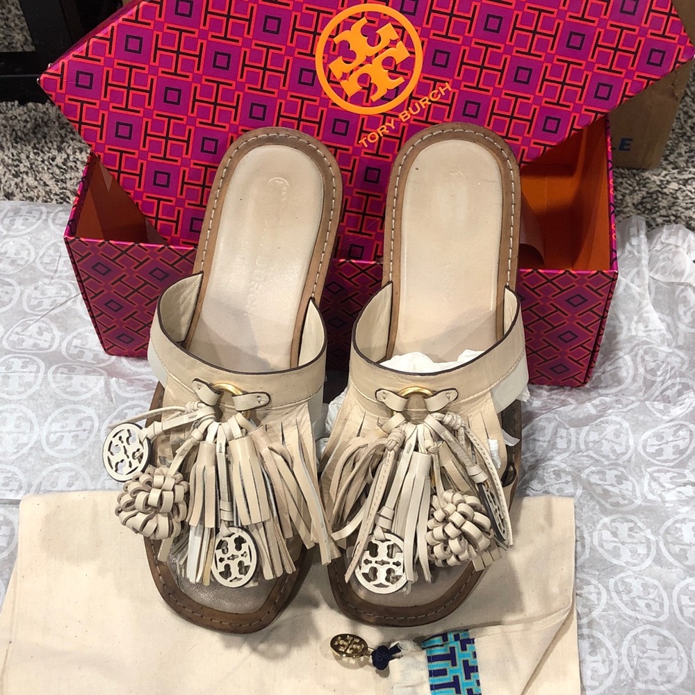 Tory Burch Cream Leather Tassel & Logo Charm Slide Sandals